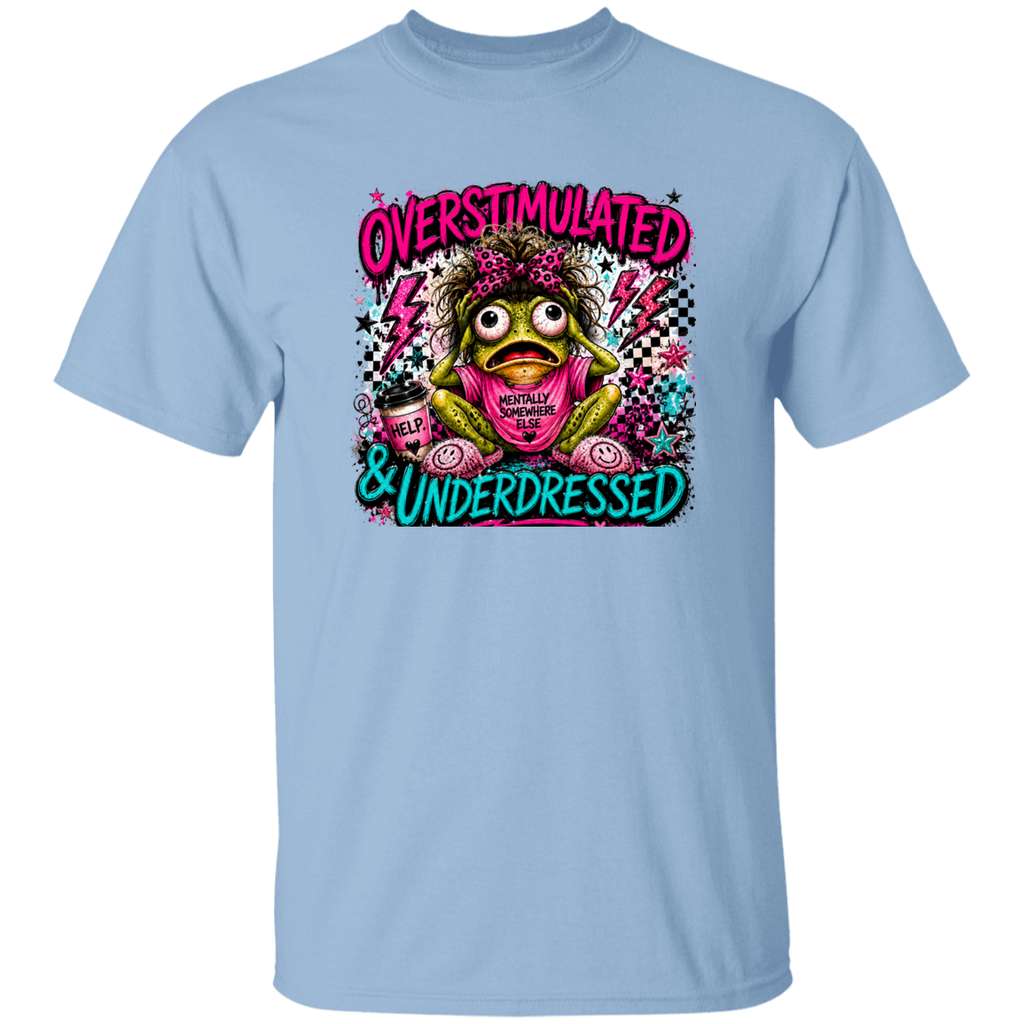 Bright neon comic-style frog design featuring a frazzled frog with bold “Overstimulated & Underdressed” lettering, playful grunge details, and vibrant pink and teal colors.