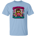 Bright neon comic-style frog design featuring a frazzled frog with bold “Overstimulated & Underdressed” lettering, playful grunge details, and vibrant pink and teal colors.